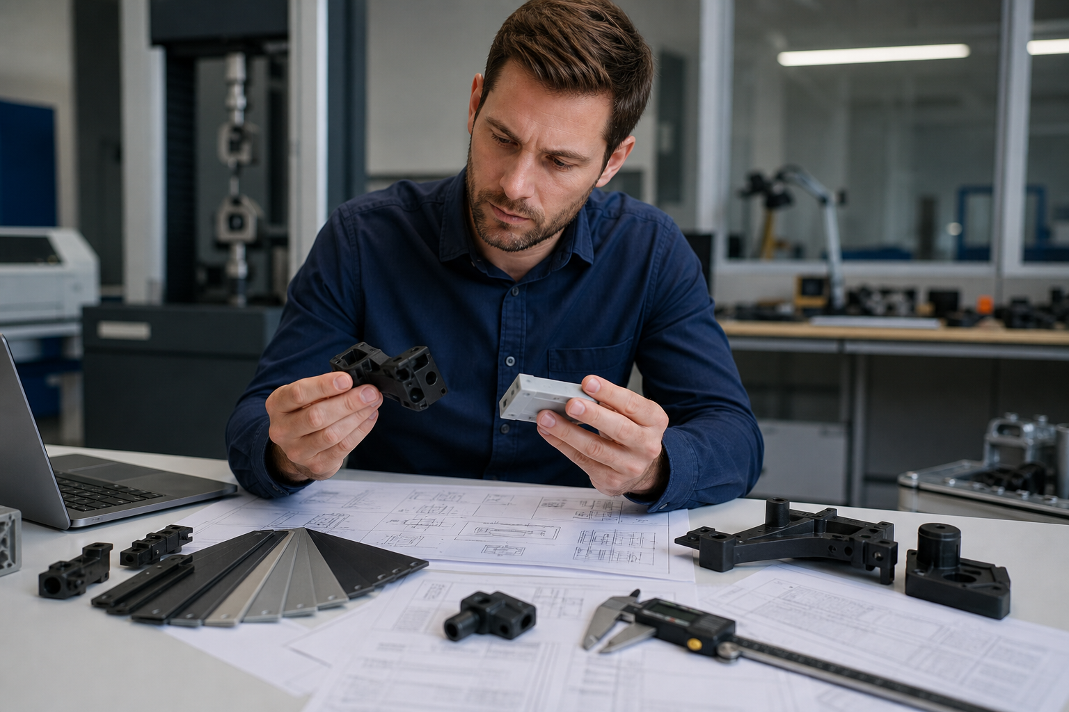 PA66 GF33 vs GF40 vs GF60: High-Stiffness Nylon 66 Selection Guide Engineer comparing PA66 glass-filled nylon grades with sample parts and drawings