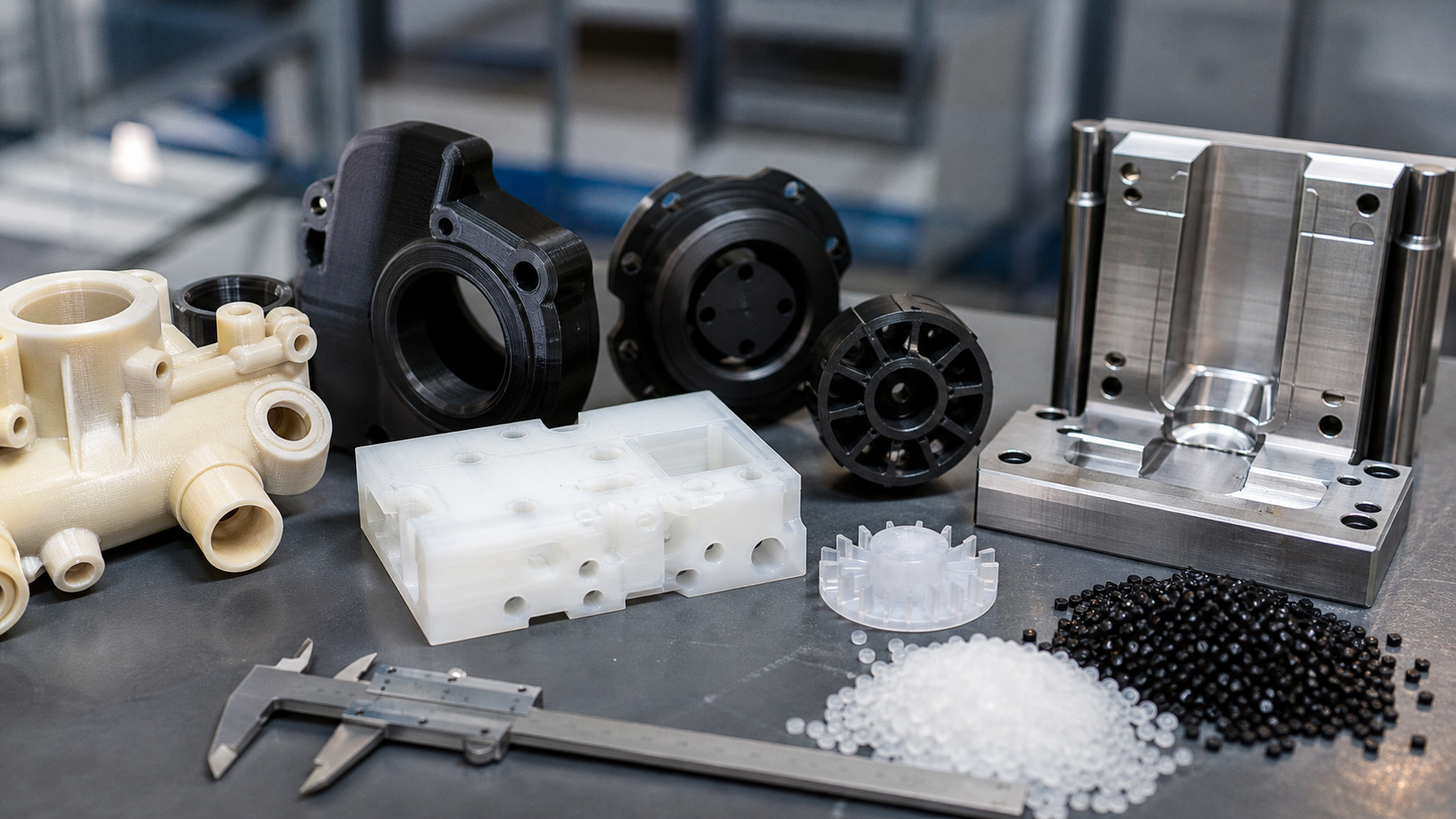 rapid plastic prototyping with CNC machining and bridge tooling 3D printed plastic prototypes CNC machined prototypes bridge mold insert and resin pellets