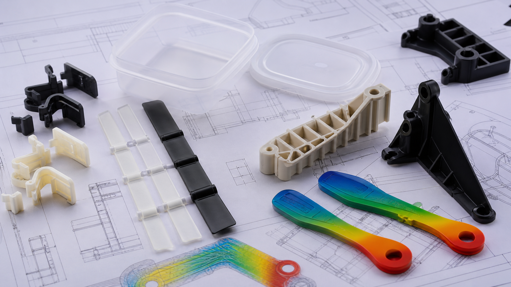 PP snap fit clips living hinge strips thin wall containers and mold flow sample pieces on CAD drawings