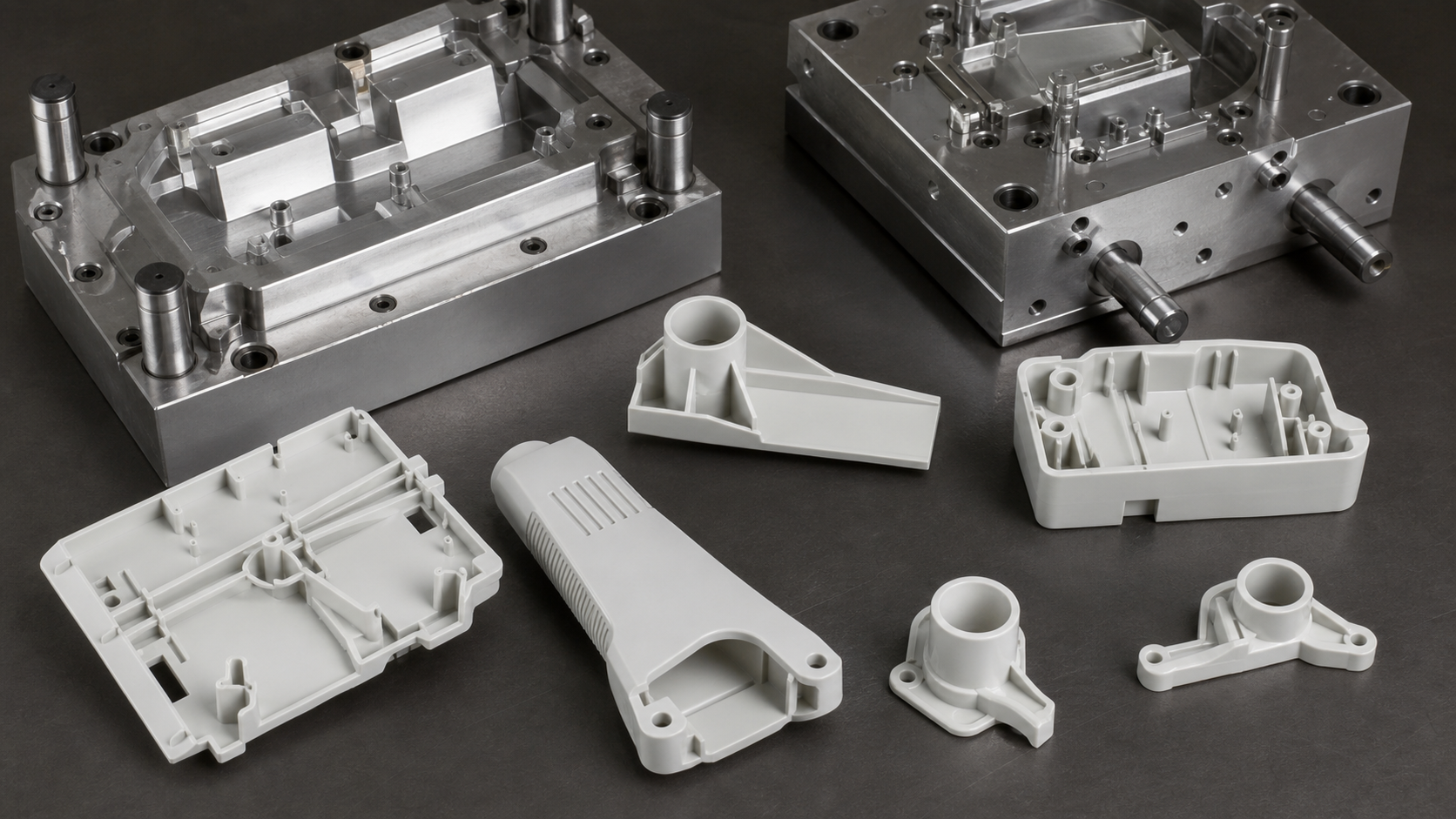ABS molded parts with ribs bosses gate samples and steel mold cavities