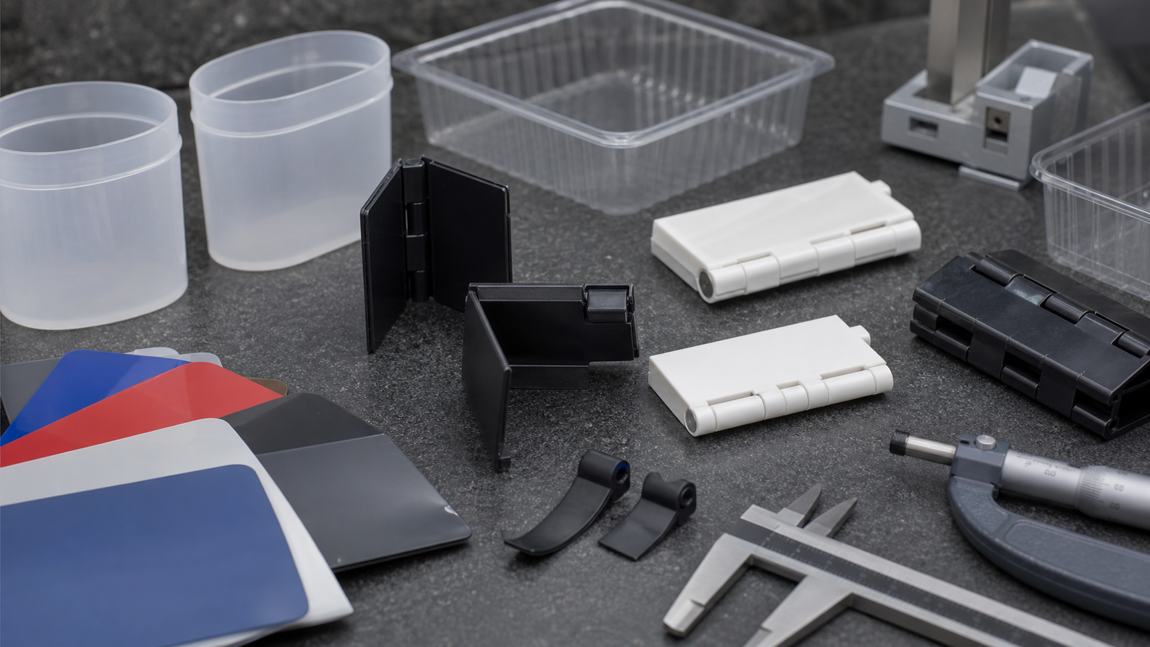Polypropylene hinge parts thin wall containers and color plaques under quality inspection
