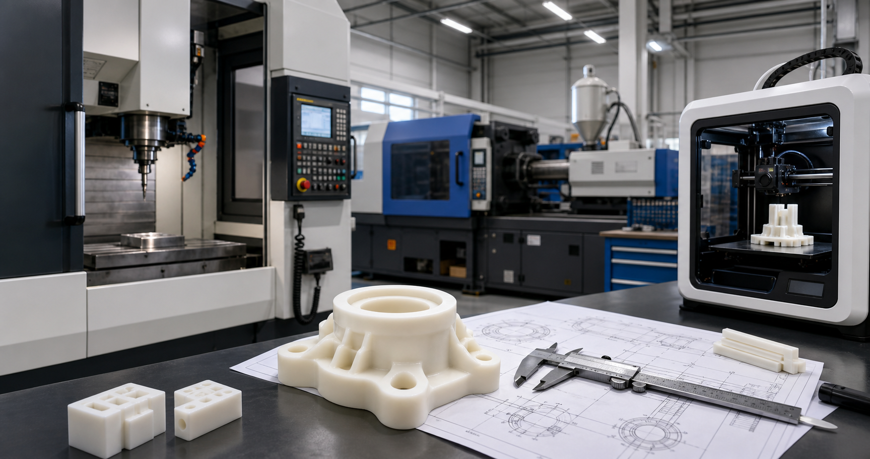 Nylon Fabrication Services: CNC, Molding and 3D Printing RFQ Guide Nylon fabrication services workshop with CNC machining, injection molding and 3D printing equipment