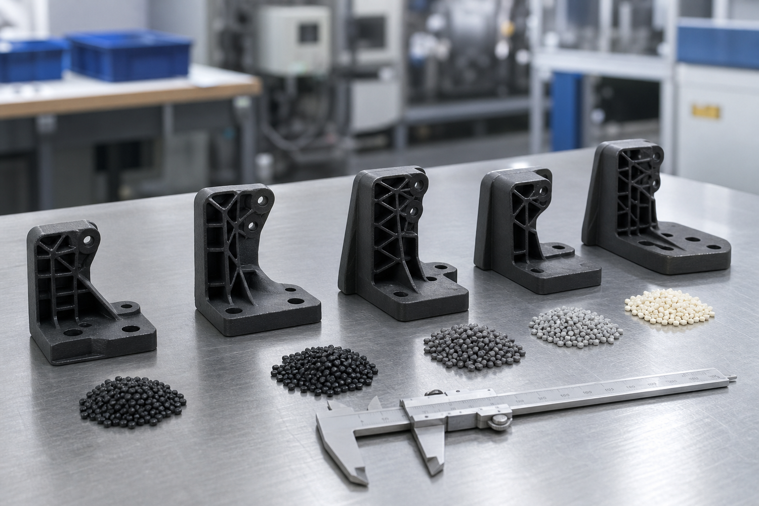 PA66 GF33 vs GF40 vs GF60: High-Stiffness Nylon 66 Selection Guide PA66 GF grade comparison with reinforced brackets and molded test samples