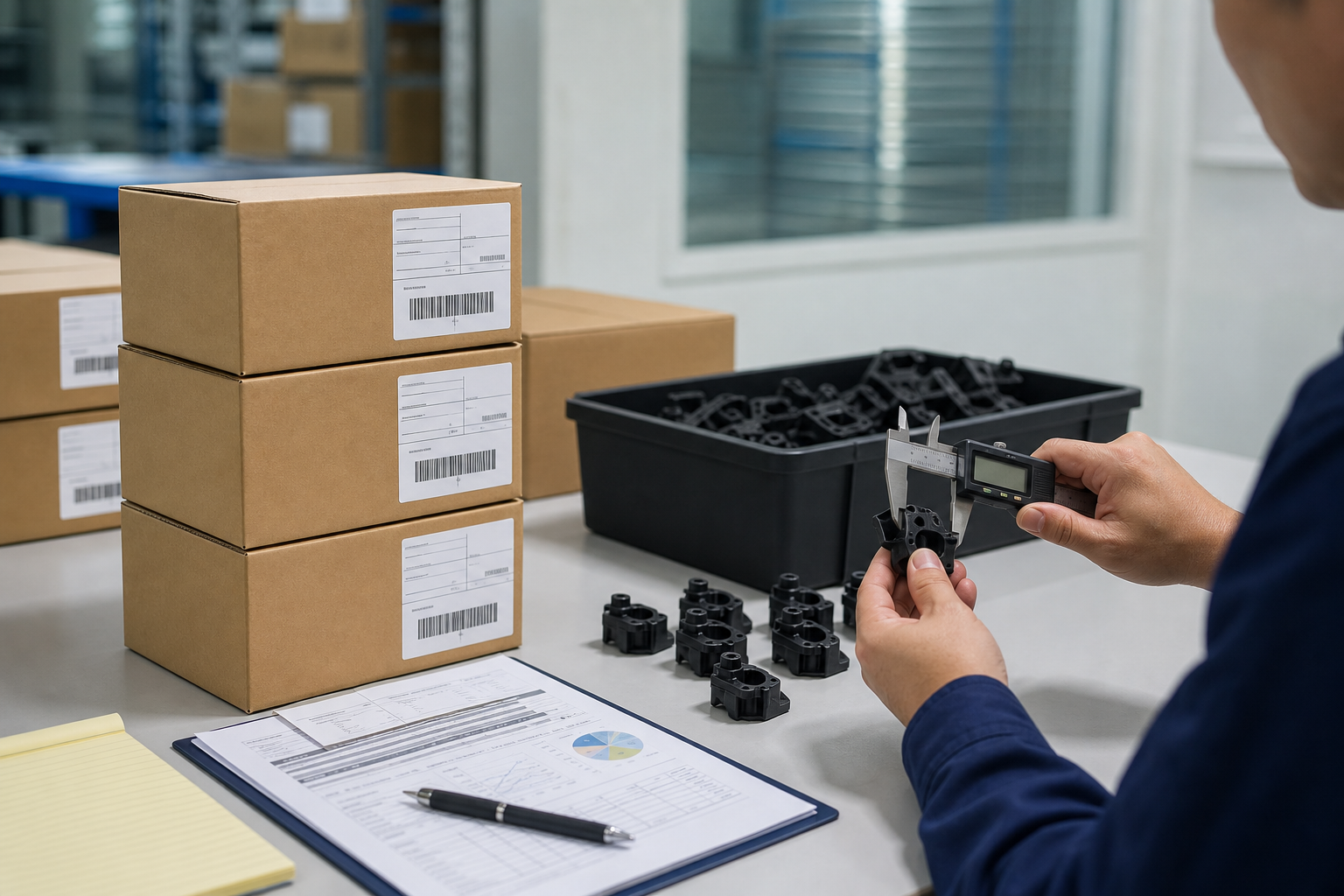 Nylon parts packing and inspection scene for North America buyers