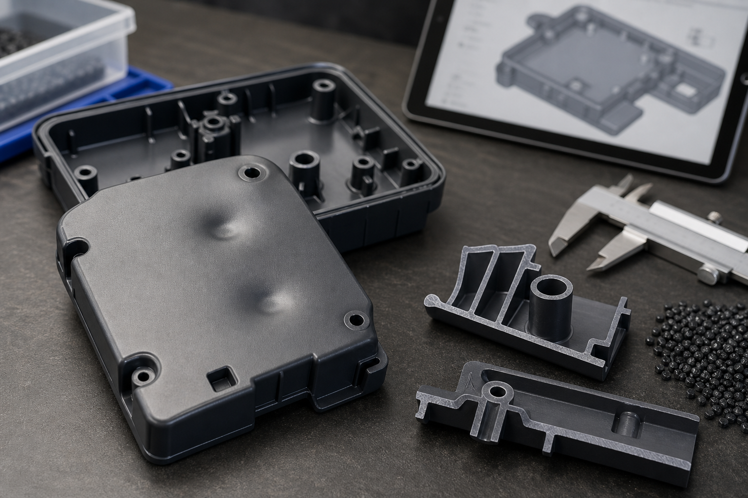Molded plastic housing with visible sink marks above bosses and ribs beside DFM samples and calipers