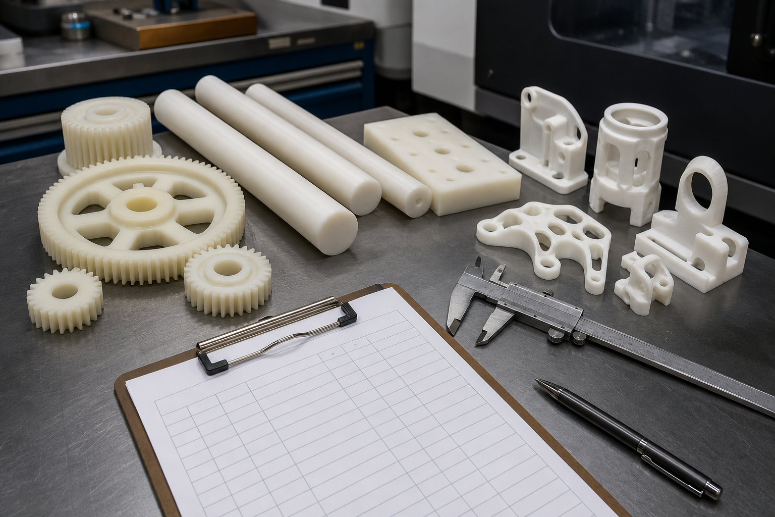 Nylon molded gears and prototype parts next to a quote checklist on an engineering bench