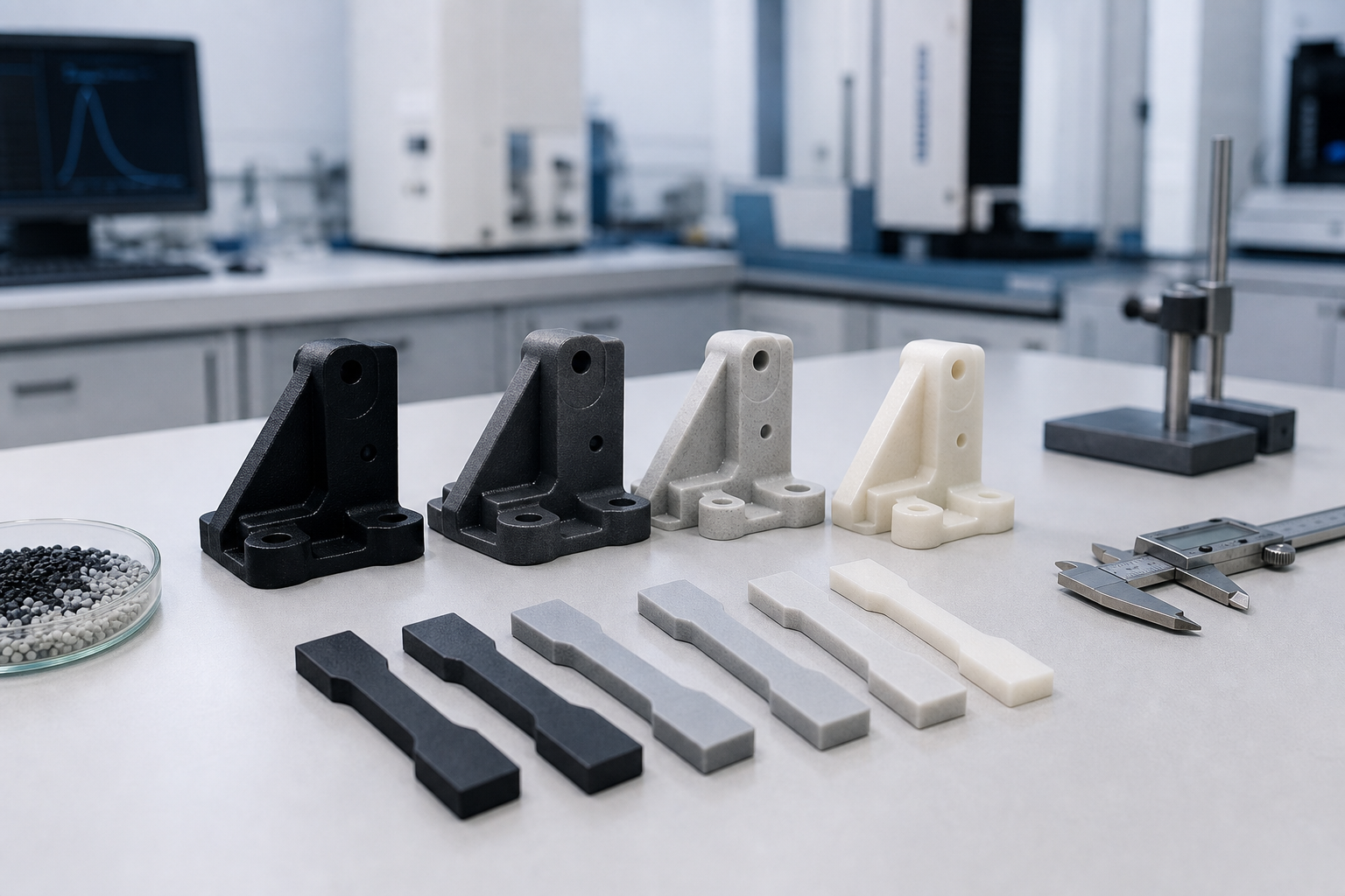 PA66 GF33 vs GF40 vs GF60: High-Stiffness Nylon 66 Selection Guide PA66 GF33 GF40 GF60 high-stiffness nylon comparison samples on a lab bench