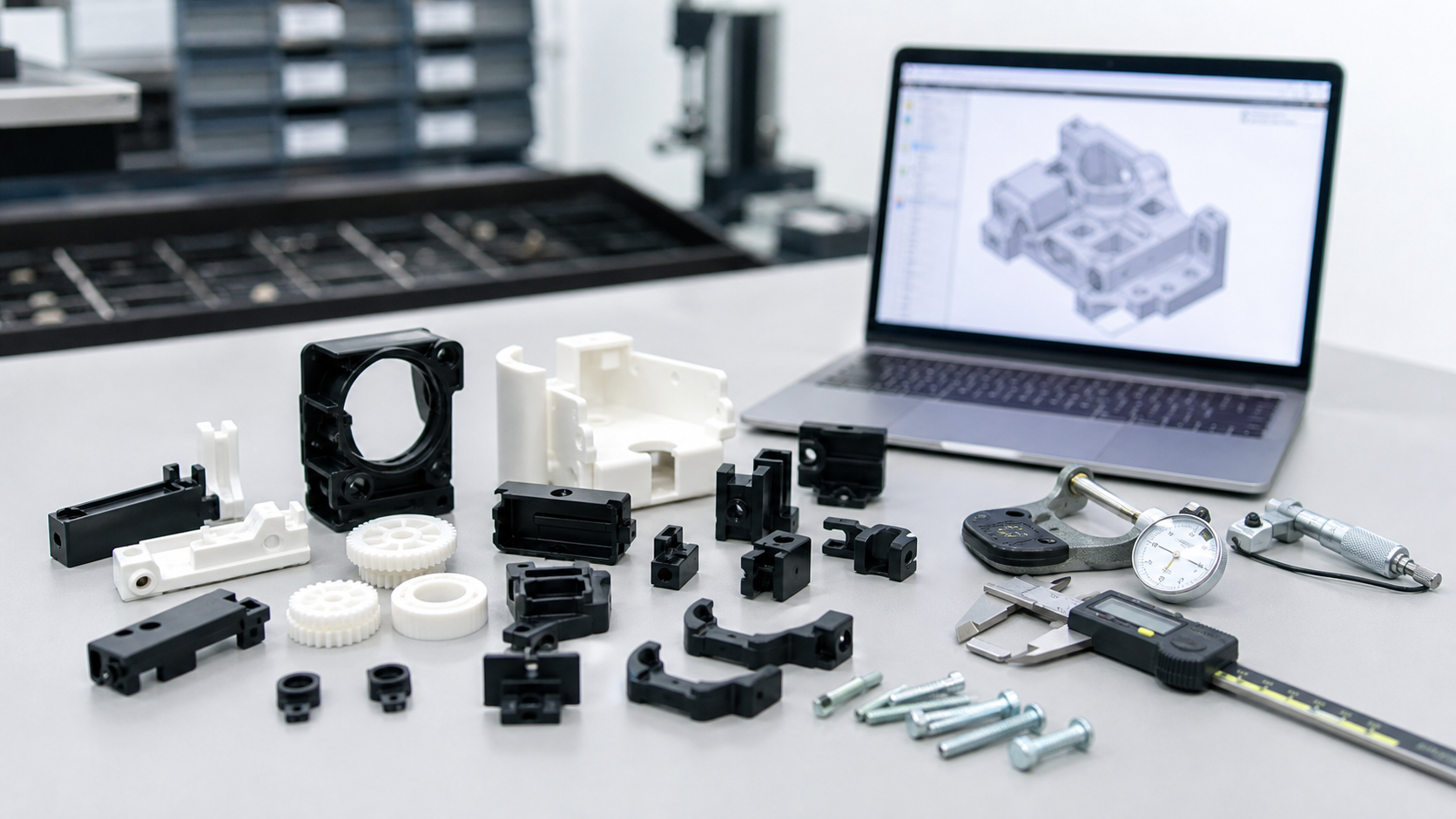 custom plastic components CAD and tolerance review Plastic brackets clips housings and gears with CAD model and measuring tools for production review
