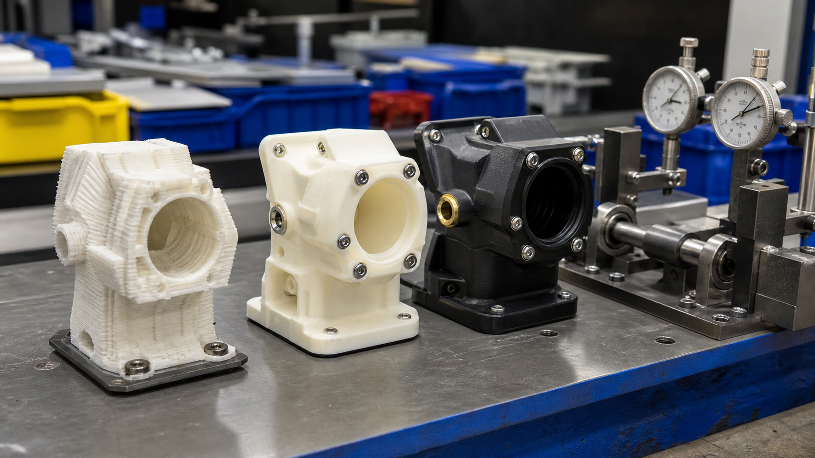 functional plastic prototype validation before production Functional plastic prototypes assembled for validation from rough printed part to molded part