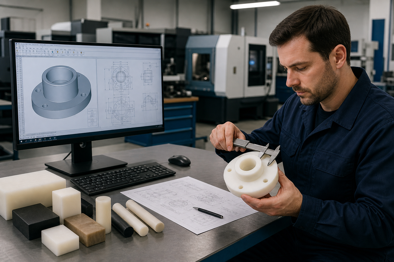 Engineer reviewing nylon fabrication service drawings and material samples on a production desk