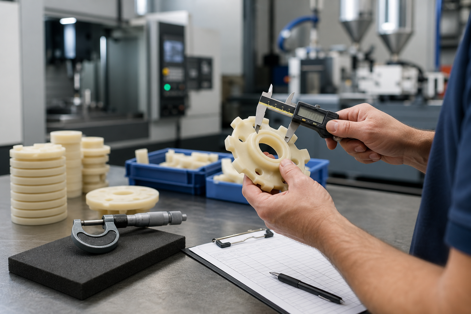 Quality inspection of nylon fabricated parts with caliper and micrometer in a factory