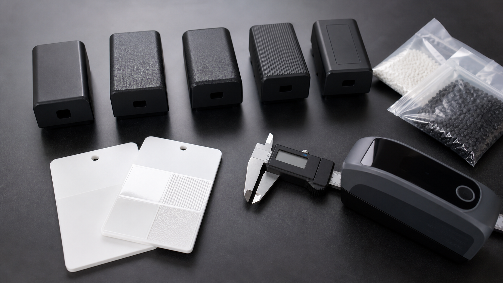 ABS molded surface texture samples with black housings white plaques pellets and calipers