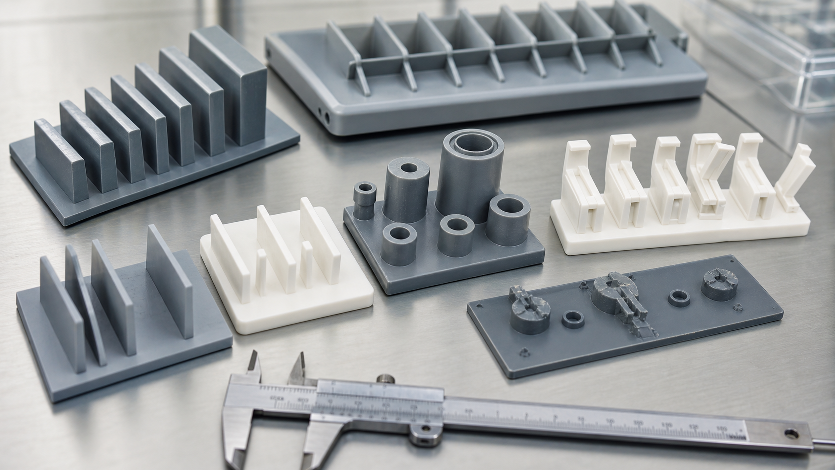 Injection molding DFM samples comparing rib, boss, wall thickness, draft and gate features