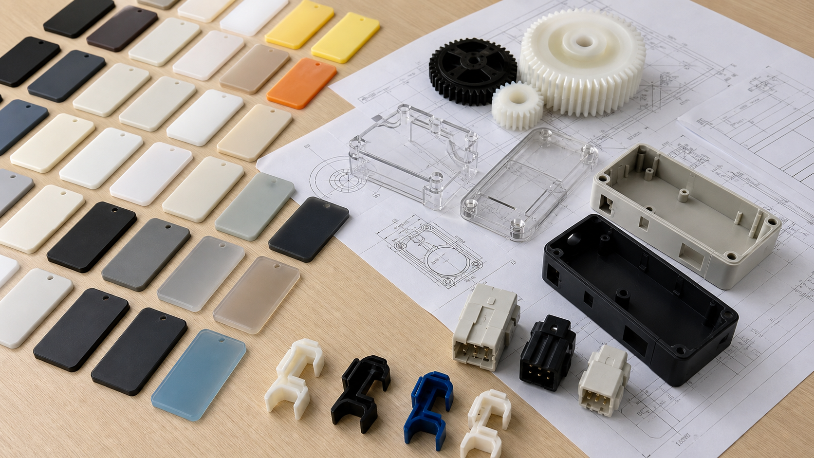 custom plastic component material selection Plastic material plaques nylon gears transparent covers ABS housings and connectors for component material selection