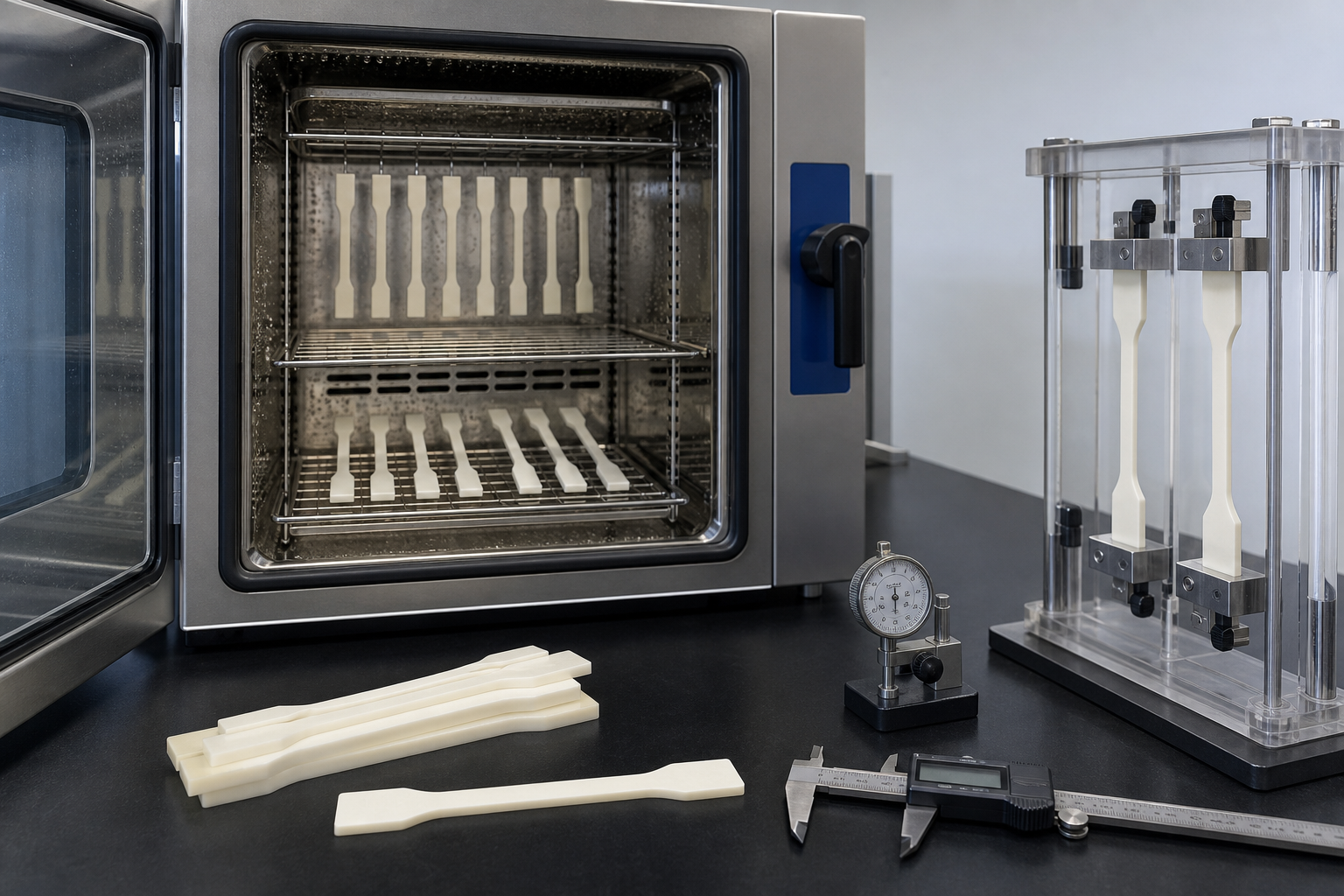 Nylon Mechanical Properties: Tensile, Flexural, Creep and Moisture Guide Nylon test strips in a humidity conditioning chamber for mechanical property evaluation