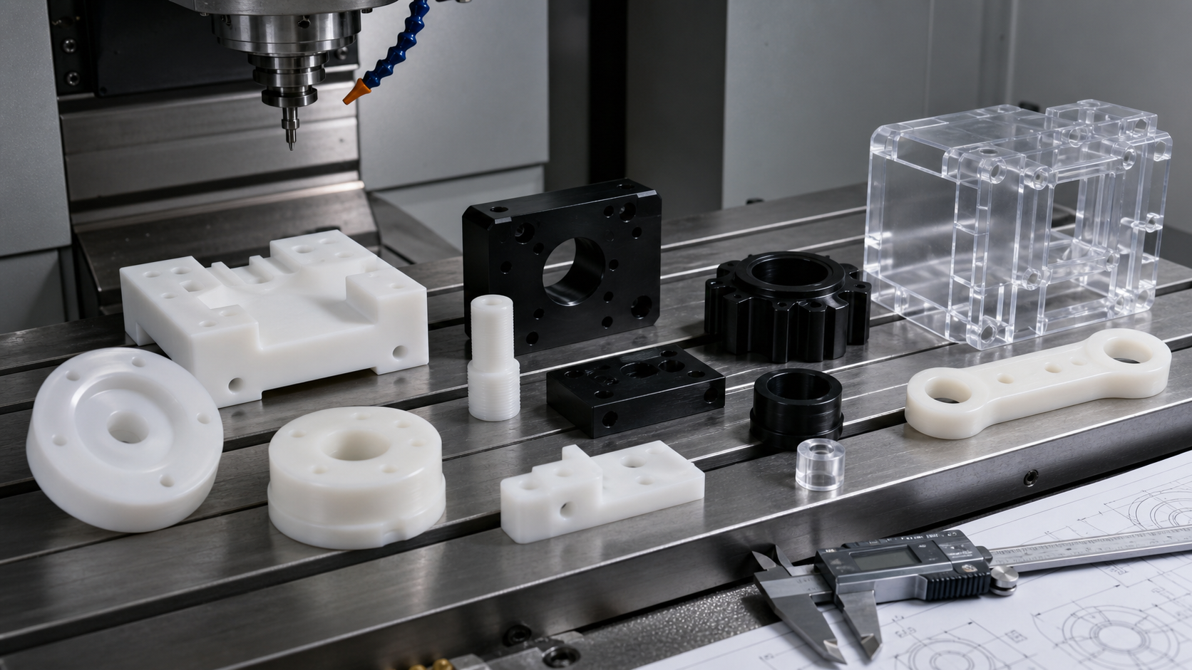custom machined plastic parts on CNC milling table Custom machined plastic parts made from nylon POM PTFE and clear polycarbonate on a CNC milling table