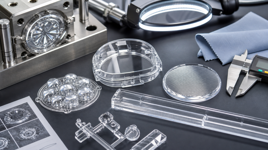 PMMA acrylic injection molded clear parts lenses light guides mold insert inspection light and calipers