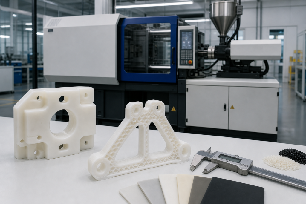 Nylon molding selection scene with injection molding, CNC machining and 3D printing parts on one bench