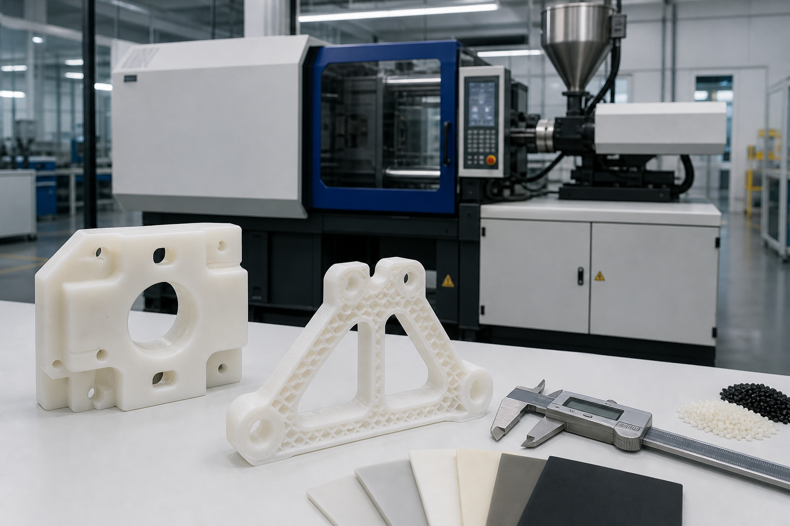 Nylon Molding: Injection, CNC and 3D Printing Selection Guide Nylon molding selection scene with injection molding, CNC machining and 3D printing parts on one bench