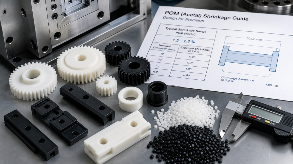 POM acetal injection molded gears bushings sliding blocks resin pellets mold insert shrinkage chart and calipers