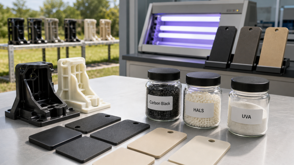 UV stabilized nylon outdoor parts with carbon black HALS and UVA additive samples beside UV weathering test equipment