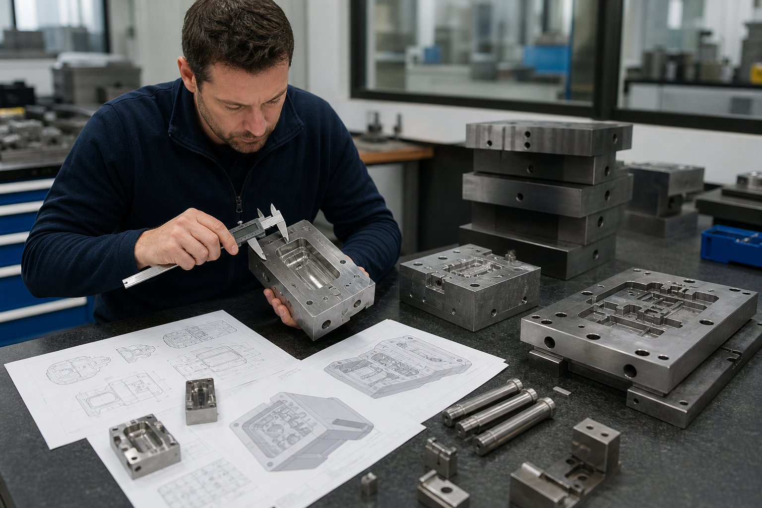 Engineer checking mold inserts and tooling steel blocks during mold fabrication review