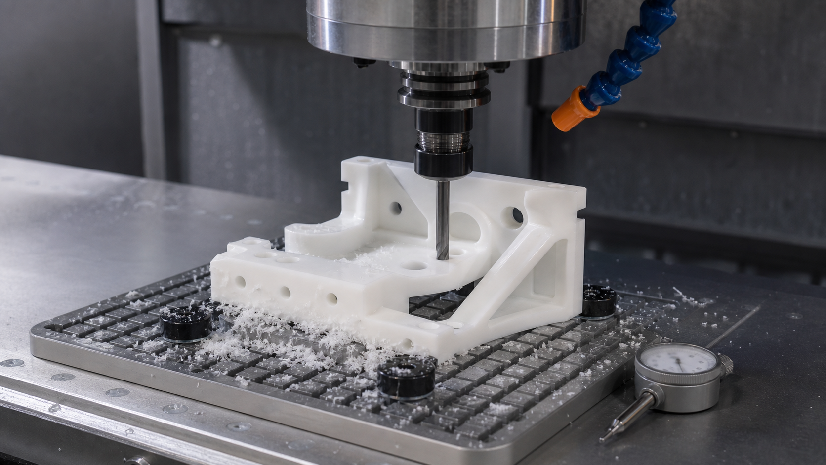 CNC machining white acetal plastic bracket CNC tool machining a white acetal plastic bracket with chips and inspection gauge