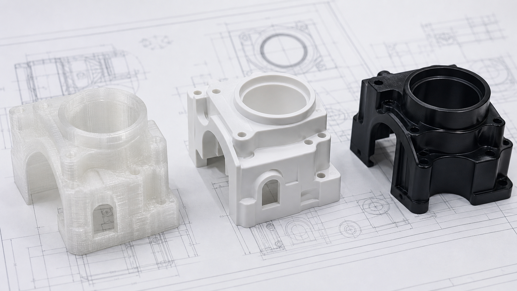 plastic prototype manufacturing from 3D printing to molding Plastic prototype progression from 3D printed part to CNC machined prototype to injection molded production part