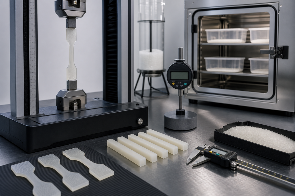 Nylon mechanical properties testing scene with tensile specimens and humidity chamber