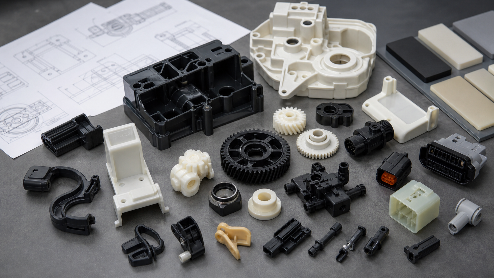 Custom Plastic Parts Manufacturer: CNC, Molding & Prototypes Custom plastic components including housings gears clips connectors brackets and bushings on CAD drawings
