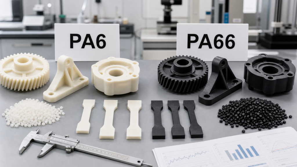 PA6 and PA66 injection molded gears brackets tensile bars resin pellets and calipers for nylon material selection