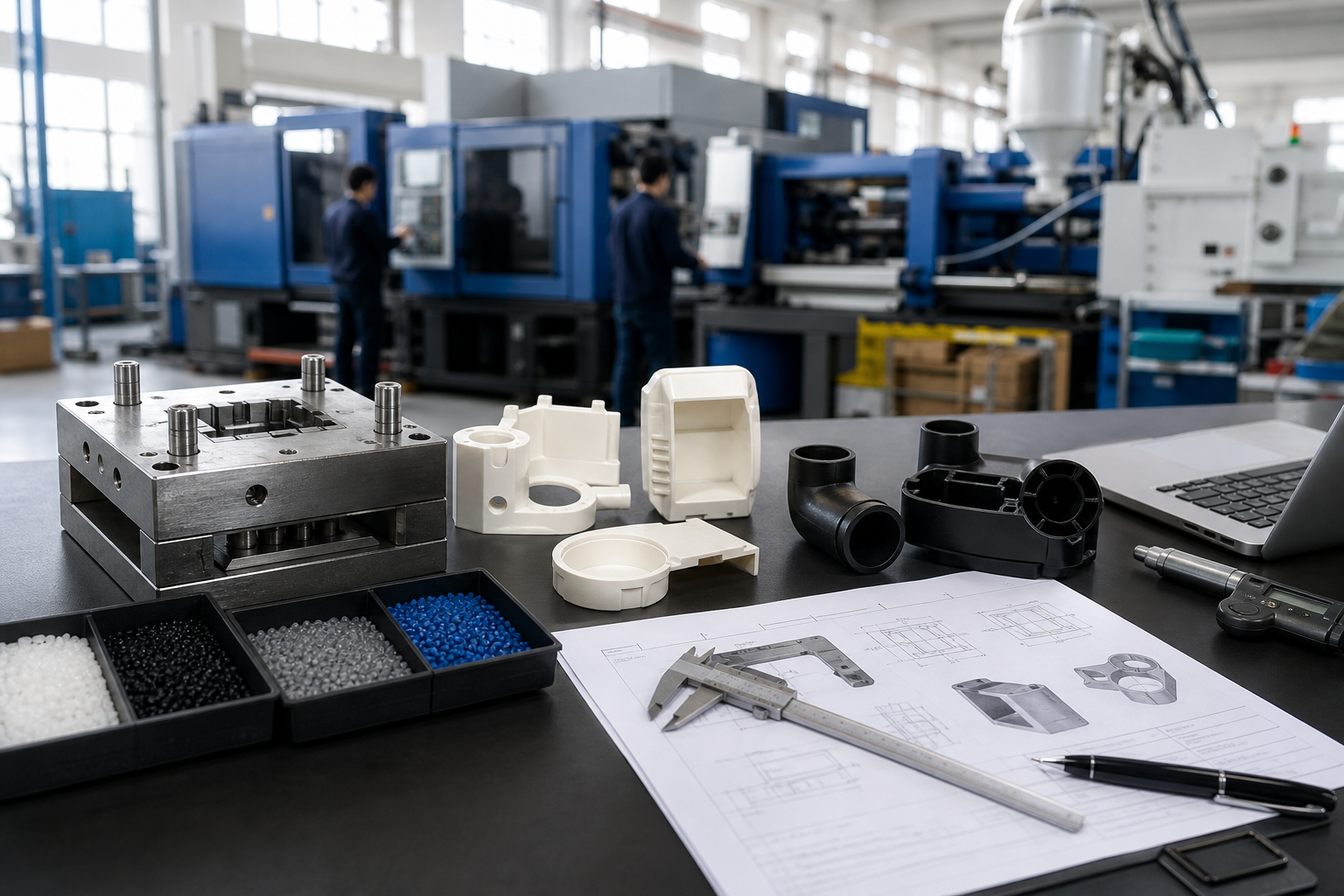 RFQ review desk with molded plastic samples, mold insert, inspection tools, and supplier checklist