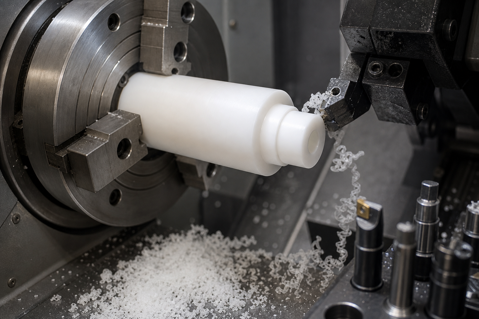 CNC Plastic Turning Services: Materials, Tolerances and Quote Checklist CNC plastic turning service machining a precision nylon cylindrical part