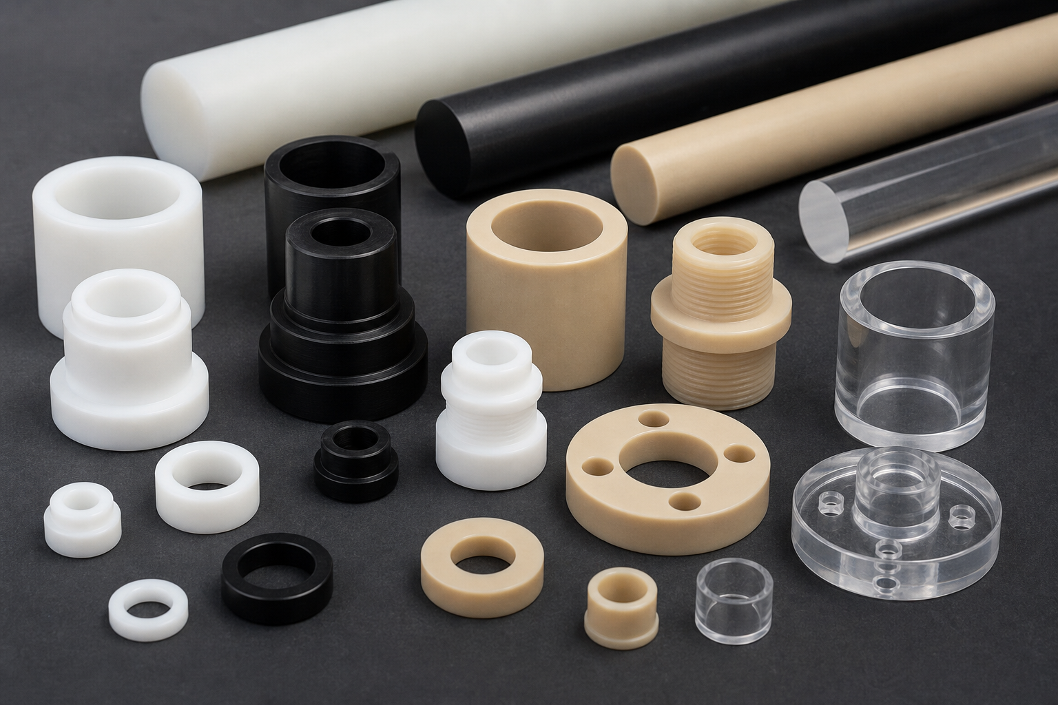 CNC Plastic Turning Services: Materials, Tolerances and Quote Checklist CNC turned plastic parts made from nylon POM PTFE PEEK and acrylic