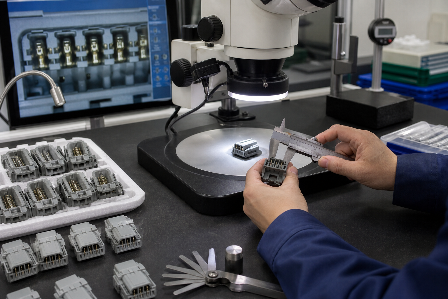 Spritzguss von elektrischen Steckverbindern: Werkstoffe, Einlegeteile und Lieferantenverzeichnis Inspection of molded electrical connector housings for terminal position, flash and critical dimensions