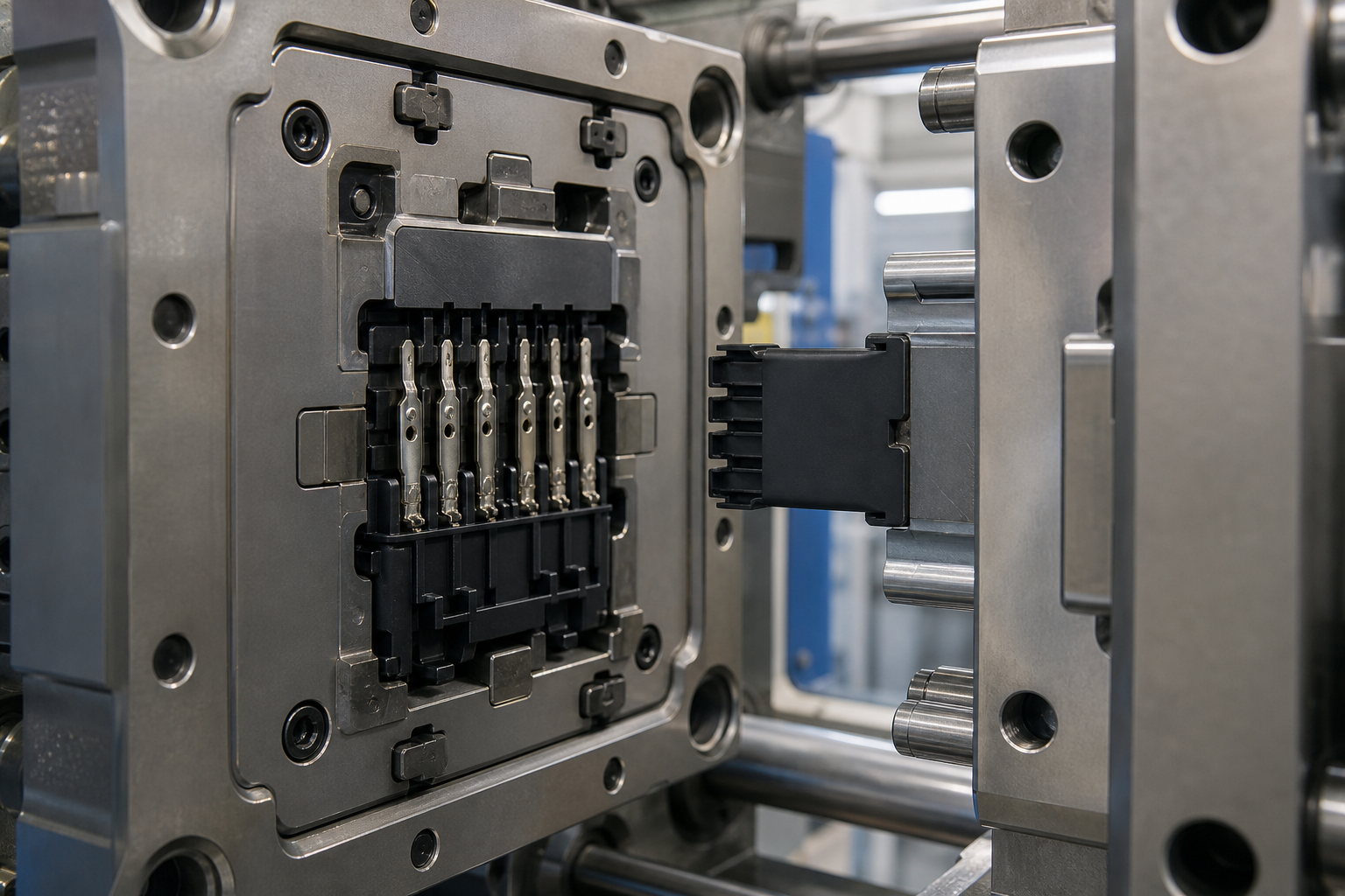 Spritzguss von elektrischen Steckverbindern: Werkstoffe, Einlegeteile und Lieferantenverzeichnis Insert molding process for electrical connector housing with controlled metal terminal positioning