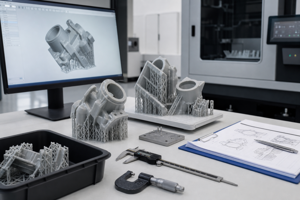 Digital light synthesis 3D printing setup with finished plastic parts and engineering review tools