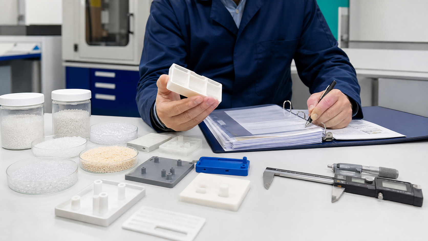 Plastic injection molding material documentation review with resin samples