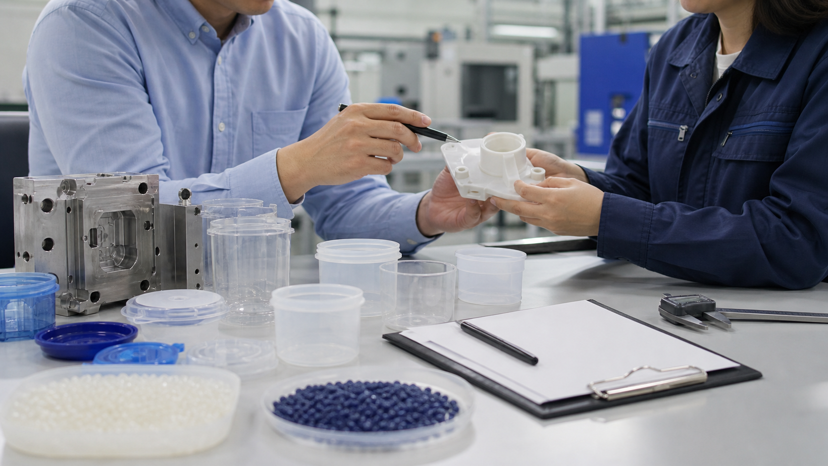Engineers reviewing plastic injection molding supplier checklist and sample parts
