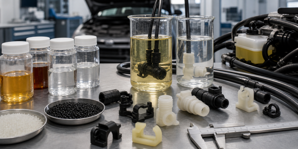 Nylon fuel resistance testing with gasoline diesel ethanol DEF samples and molded plastic parts
