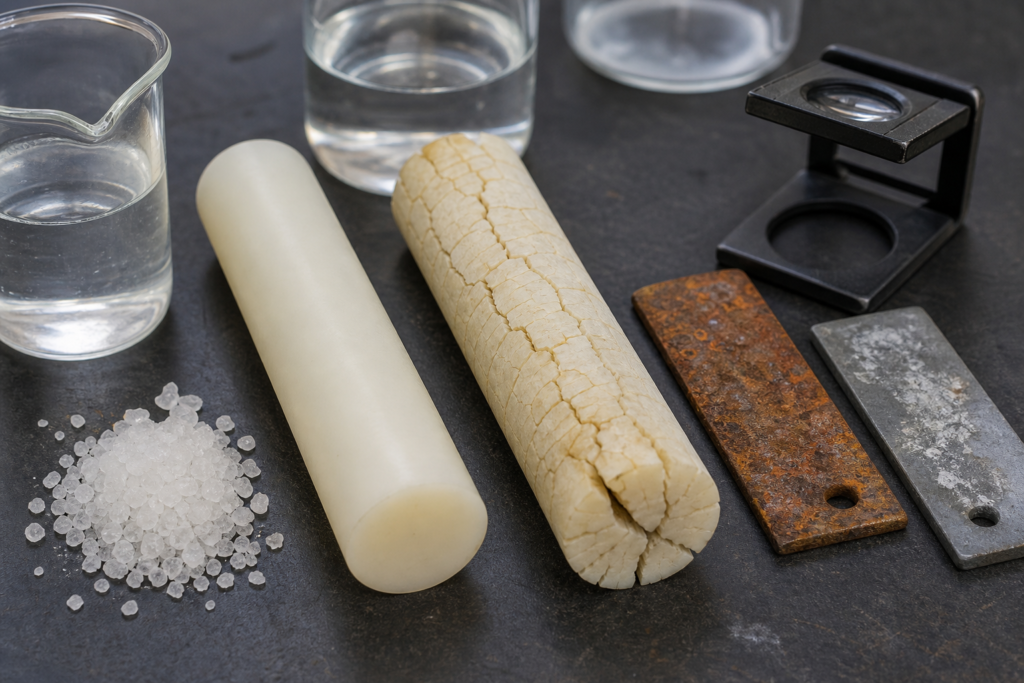 Nylon hydrolysis resistance testing with hot water steam moisture aging samples and lab equipment