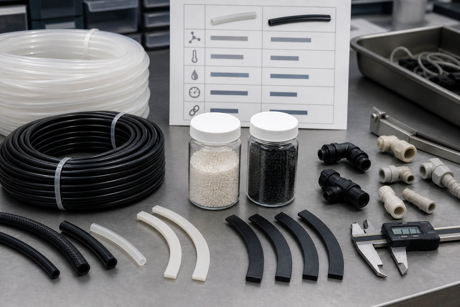 PA11 vs PA12: Material Selection Guide for Tubing, Fuel Lines, and Flexible Parts PA11 and PA12 nylon tubing, molded connectors, pellets and flexible fuel line samples