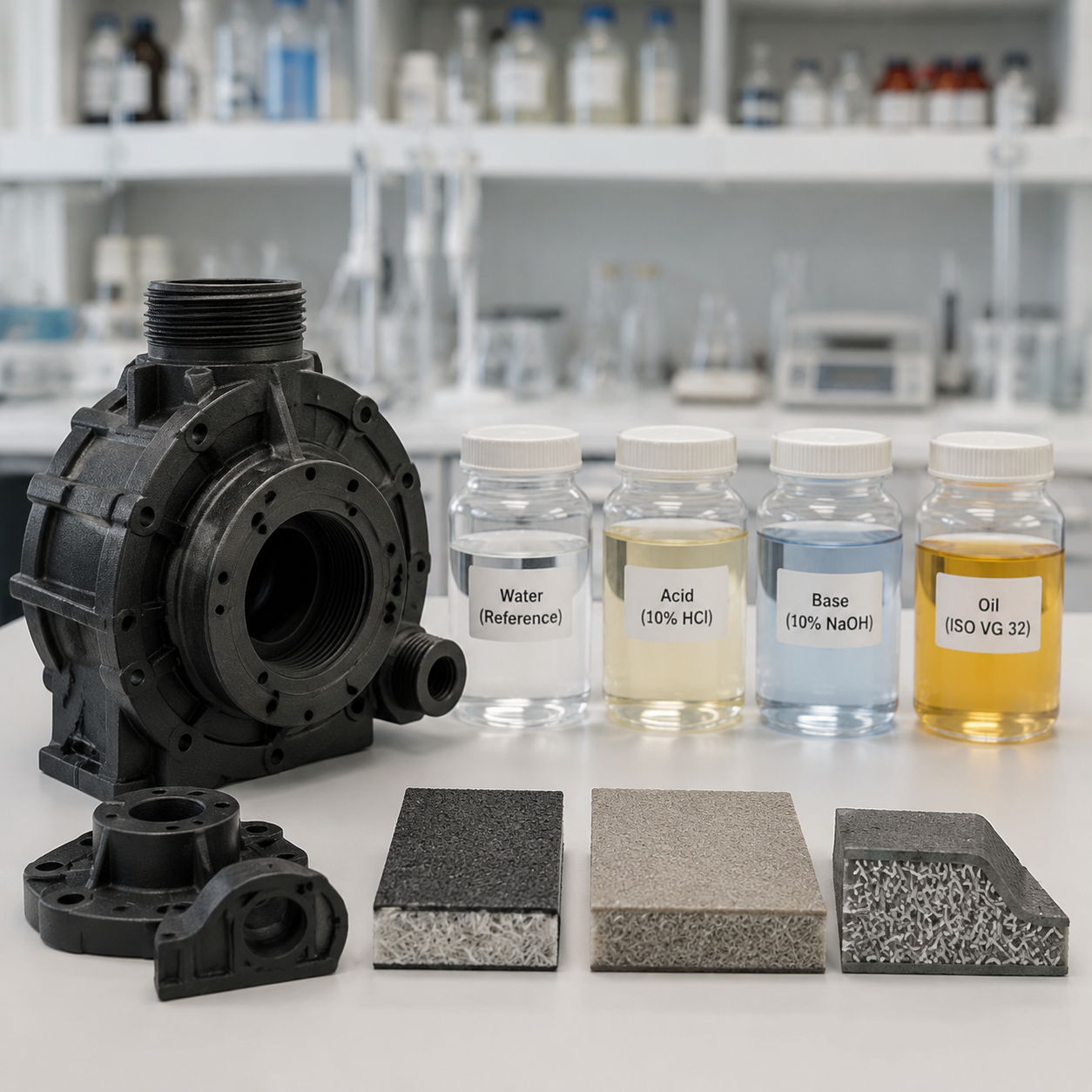 Glass-Filled Nylon Chemical Resistance Hero Glass-filled nylon parts and reinforced material texture samples in a chemical resistance test scene