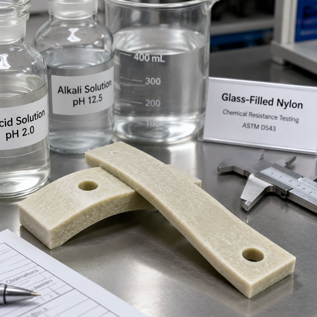 Glass-Filled Nylon Test Samples Close-up of glass-filled nylon samples beside fluid containers in a materials laboratory