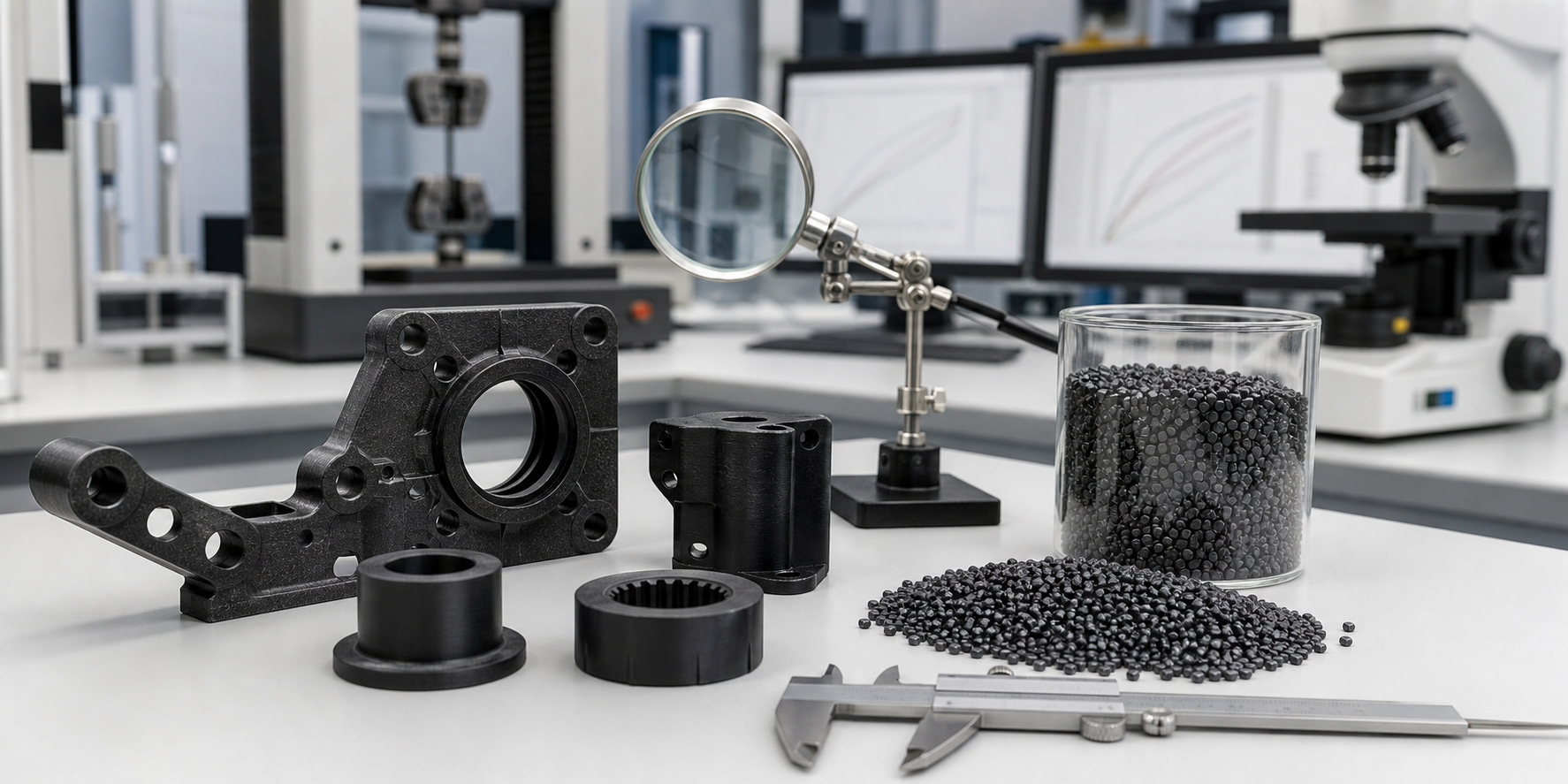 Glass-filled nylon parts and pellets in a materials testing lab