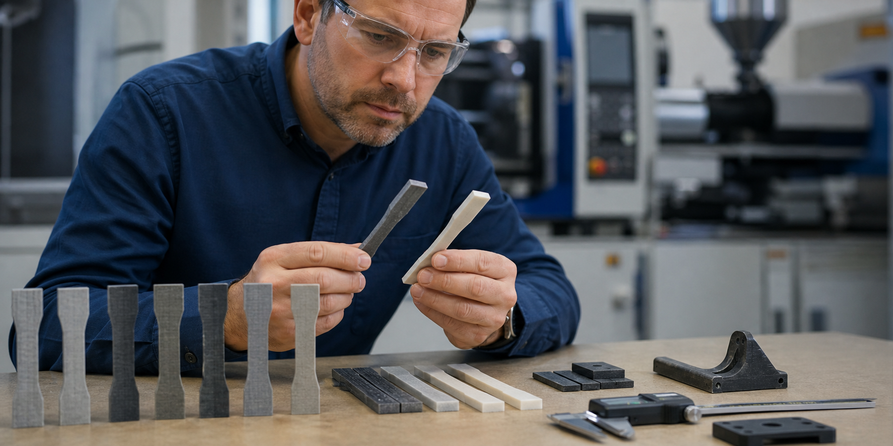 Engineer reviewing glass-filled nylon samples for stiffness and warp control