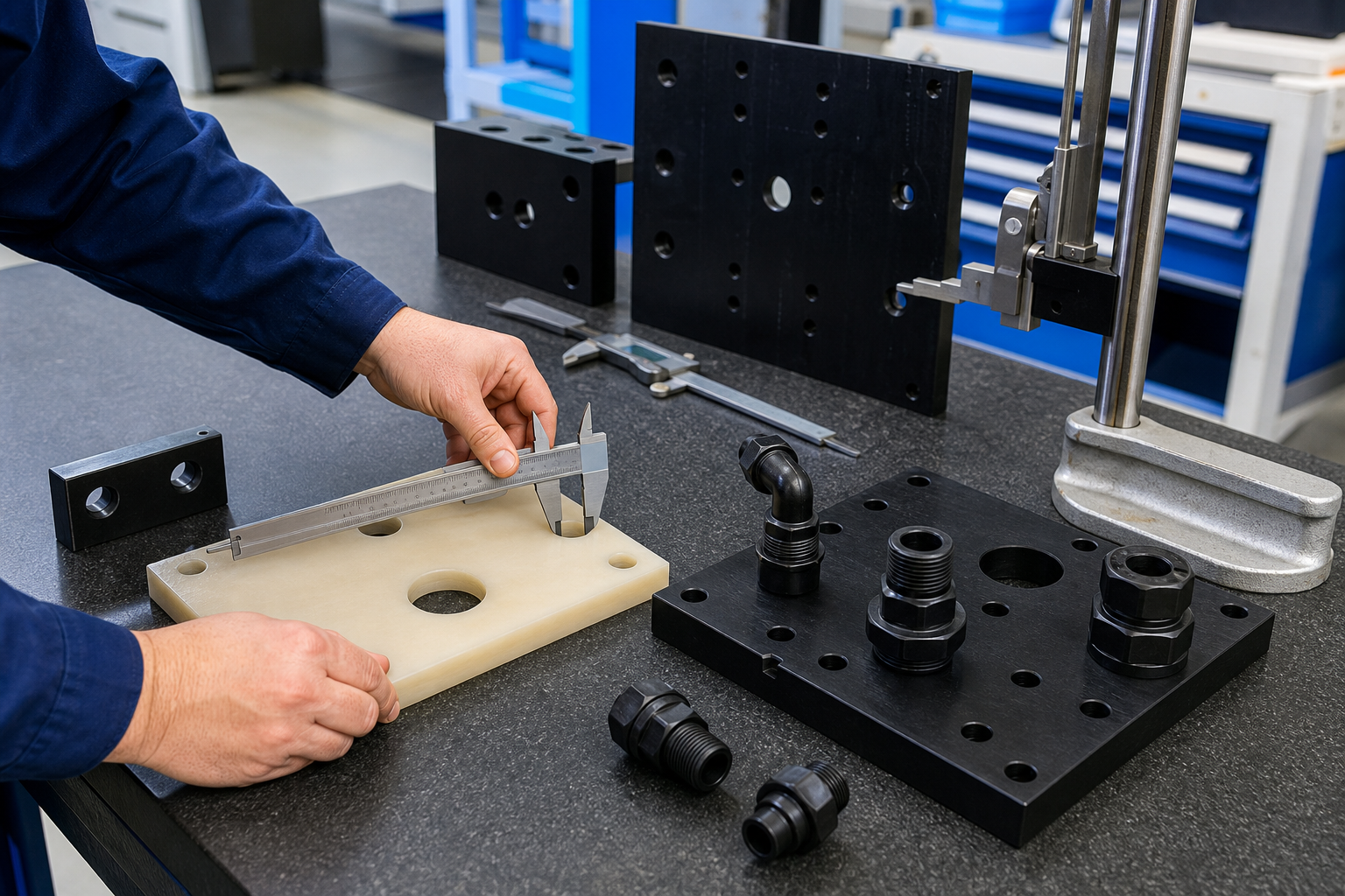 Inspection of machined HDPE panels and fittings against a production drawing and assembly requirements