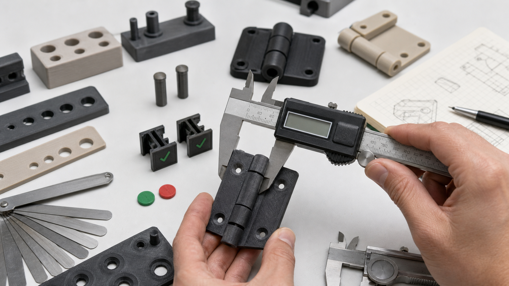 3D printing assembly tolerance inspection Assembly tolerance inspection of 3D printed hinges and fit test coupons using calipers and gauges
