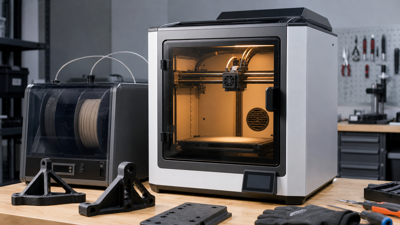 Enclosed high-temperature 3D printer setup for engineering materials with dry filament storage and printed brackets