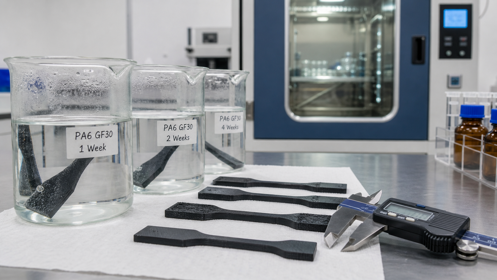 nylon hydrolysis testing setup Hydrolysis testing setup with polymer samples, water exposure beakers, humidity chamber and calipers